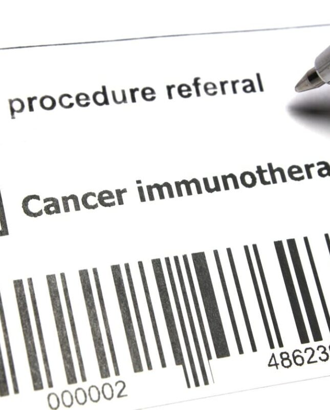 medical referral form with a pen to check the box labeled Cancer immunotherapy